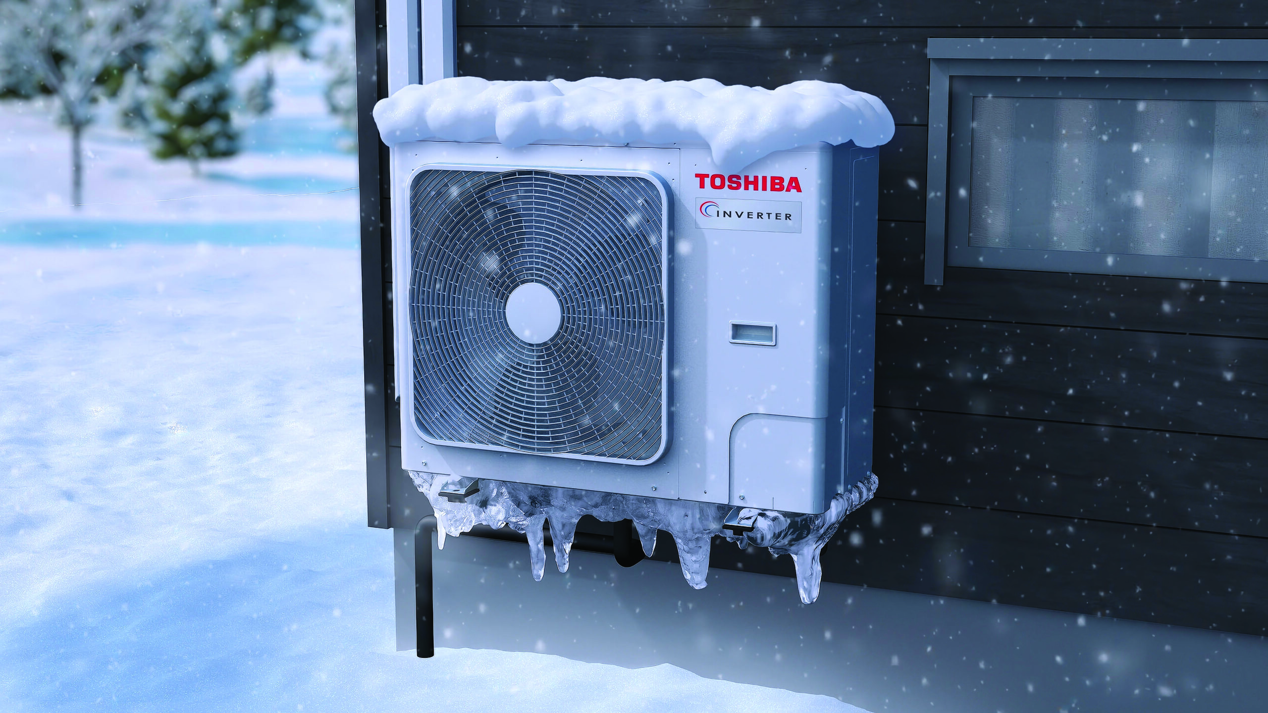 Toshiba Estia heat pump outdoor installation brick wall